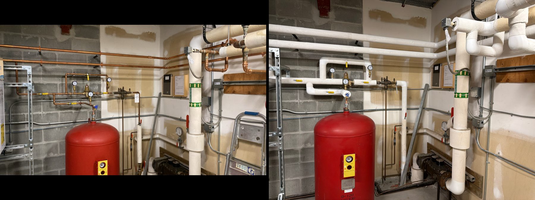 Domestic water piping before and after insulation